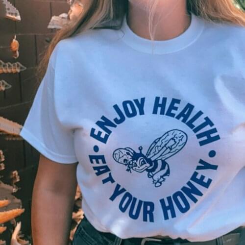 Women T-Shirt Vintage Tops Enjoy Health Eat Your Honey Shirt 10 Year Anniversary Tee Funny Harajuku Blue Bee Punk Loose Top