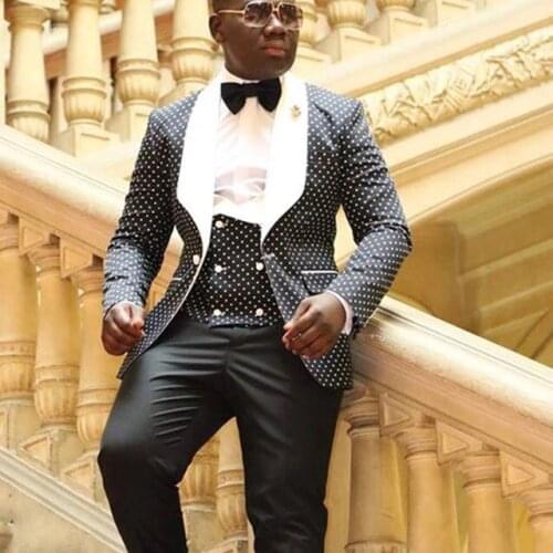 Fashionable One Button Polka Dot Groom Tuxedos Shawl Lapel Groomsmen Men Blazers 3 pieces Suits (Jacket+Pants+Vest+Tie) NO:258