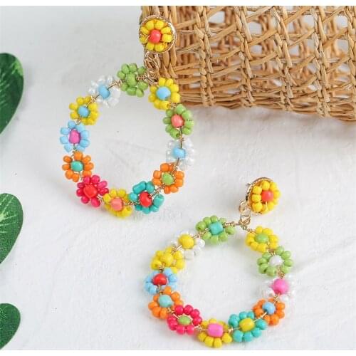 Fashion Female Boho Multicolor Glass Beads Handmade Beaded Weave Flower Drop Earrings For Women Geometric Round Dangle Earring