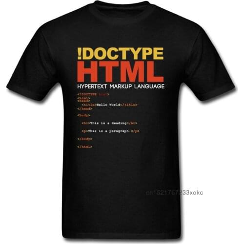 Geek Men T-Shirt HTML T Shirt Drop Shipping Tshirt Funny Tops !Doctype Letter Tees Printed Summer Black Clothes Cotton Fabric