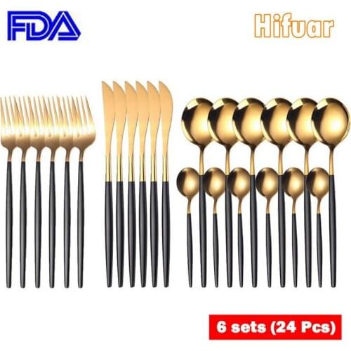 24pcs Gold Dinnerware Set Stainless Steel Tableware Set Knife Fork Spoon Flatware Set Cutlery Set Bright light