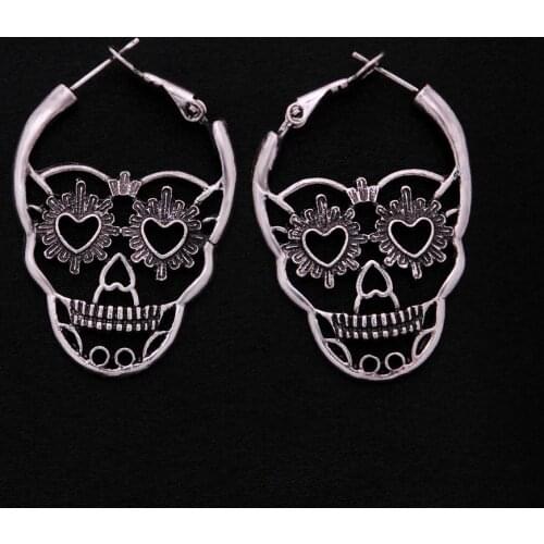 New Vintage Punk Hoop Earrings For Women Antique Silver Color Hollow Skull Loop Earrings Jewelry Party Gift
