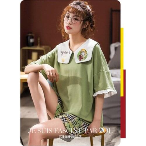 New pajamas womens summer thin lovely short sleeve cotton two piece suit cotton home Pure color pajamas women summer Sleepwear