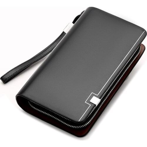 KANGAROO Luxury Brand Men Clutch Bag Leather Long Purse Double Zipper Business wristlet Wallet Male Casual Handy Bag Black Brown