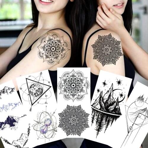 Mandala Flower Temporary Tattoos Sticker Black Geometric Planets Mountain Tatoo Fake Fashion Body Art Decroation Decal For Adult