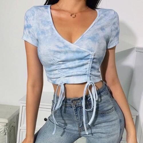 2020 Fashion Women Summer Tie Dye Short Sleeve T-Shirts Slim Crop Tops Sexy Lace Up Deep V-Neck Top High Street Short T-shirts