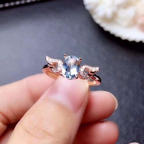 Natural light blue Aquamarine Ring S925 Silver Natural Gemstone Ring Elegant angel Wing Womens girl party gift fine Jewelry