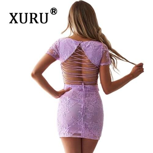 XURU Summer New Products Womens Lace Embroidered Dress Two-piece Strapless Open Back Set Sexy Nightclub Dress