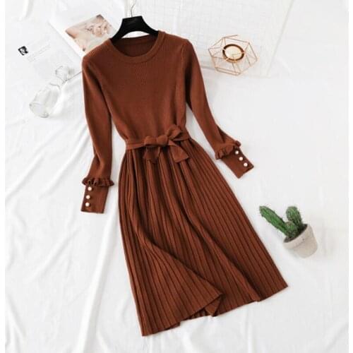 2020 Autumn winter Slim Vintage Knitted Dress Women Casual Long sleeve Sweater Dress with belt Elegant A-line Pleated Dresses