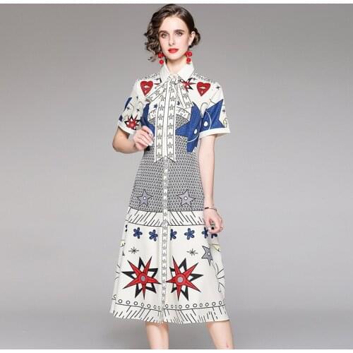2021 New Women Dresses O-Neck Mid-Calf Bow A-LINE Women Dress Elegant Party Night Short Office Lady Vintage Women Summer Dresses