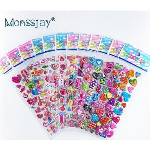 12 Sheets/pack Love Heart Shape Hot 3D Cute Sticker Toy Kids DIY Bubble PVC Stickers Lovely Reward Sticker For Children