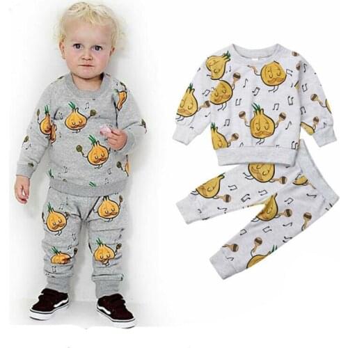 1-4years 2pcs Kids Baby Clothes Set Long Sleeve Onion Print Sweatshirt For Boys Outfits Music Notes Long Pants Baby Girls Set