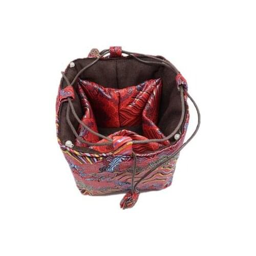 Wave Pattern 5 Grid Tea Set Pouch Travel Storage Bag Chinese Silk Brocade Square Bottom Small Cup Bracelet Necklace Packaging