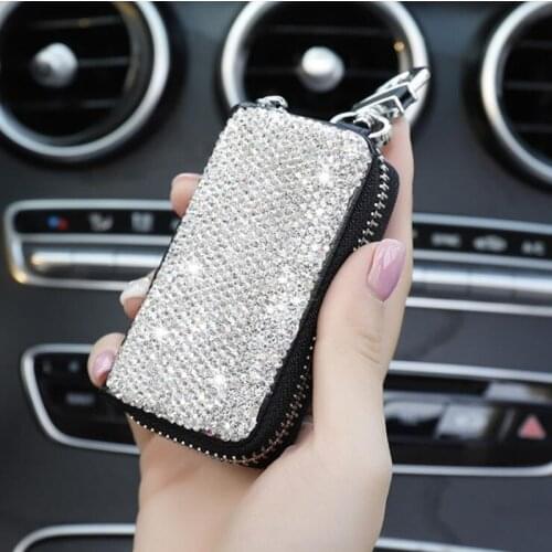 DIY Crystal Diamond Key Case Car Key Cover Holder Genuine Leather Key Wallet Bag Fashion Women Rhinestone Housekeeper Universal