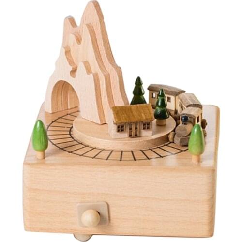 Wooden Musical Box Featuring Mountain Tunnel With Small Moving netic Train | Plays