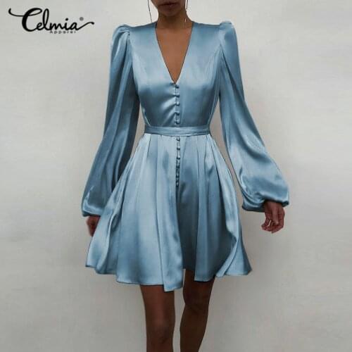 Celmia Elegant Satin Party Dress Women High Waist Long Sleeve Mini Sundress Sexy V-Neck Bandage Summer Solid Color Vestidos Robe