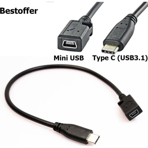 25CM Type C USB 3.1 Male to Mini USB Female Charging Data Cable Cord Adapter