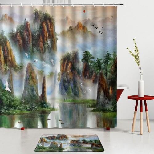 Chinese Landscape Shower Curtains Set Bath Mat Natural Scenery Bathroom Kitchen Entrance Door Mat Room Decoration Non-Slip Rugs