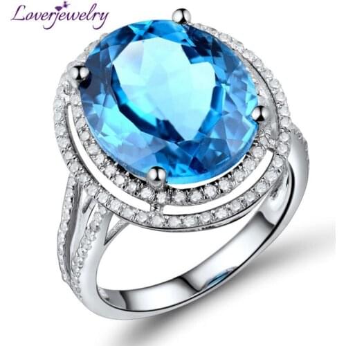 LOVERJEWELRY Vintage Engagement Rings 100% Natural Diamond Natural Oval Topaz Jewellery In Solid 14Kt White Gold Ring(11x13mm)