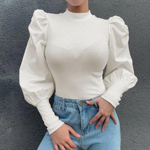 Fashion Womens Blouse Turtleneck Ribbed Shirt Tops Puff Sleeve Puff Sleeve Slim Fit Ladies Jumper Pullover Tops