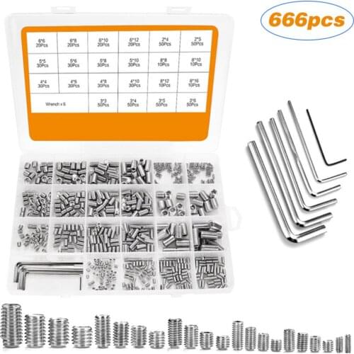 6 size 666Pcs 304 Stainless Steel Flush End Set Screw Kit Headless set Screw Register Screw include M2 M3 M4 M5 M6 M8 and Wrench