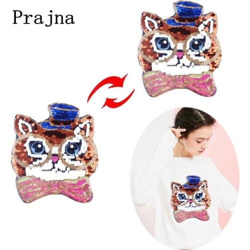 Cartoon Cat Sequin Patch For Clothing Reversible Changed Color Patch Cute Animals Patches DIY Sewing Appliques On Garment