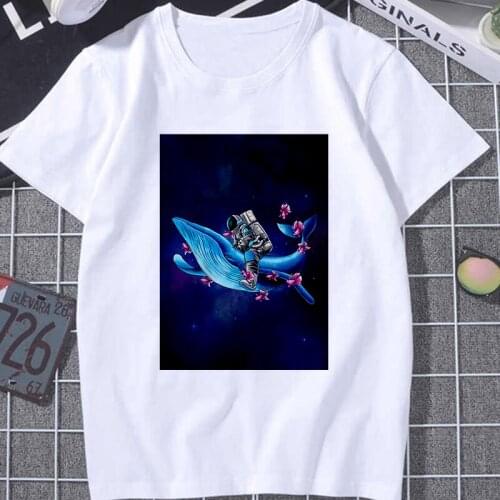 New women summer clothing T-shirt Astronaut funny picture print T Shirt harajuku Short sleeve O-Neck white Tops Female Tshirt