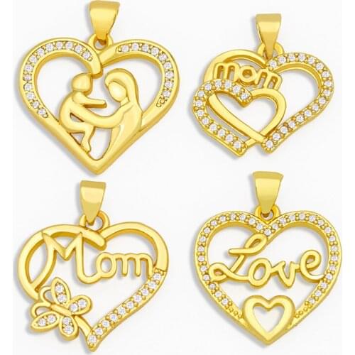 OCESRIO Brass CZ Love Letter Mom Necklace Pendants for Jewelry Gold Heart Pendants Charms Jewelry Making Wholesale pdta280