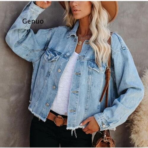 Autumn Plus Size Loose Short Bomber Denim Jackets Vintage Tassel Long Sleeve Jeans Jacket Harajuku Oversized Frayed Coats