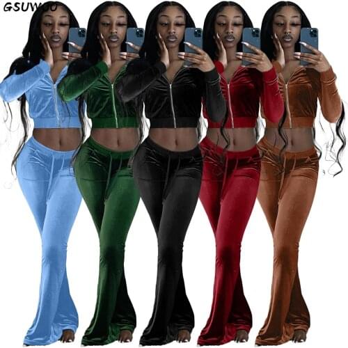 LINLING Autumn New Velvet Zipper V-neck Open Navel Jacket with Low Waist Straight Pants Sportswear Suit