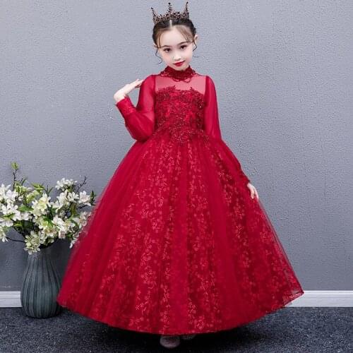 Flower Girl Dresses Beading Sequined Embroidery High Cute Luxury Red Princess Floor-Length Tulle Lace Full Kids Party Gown H249