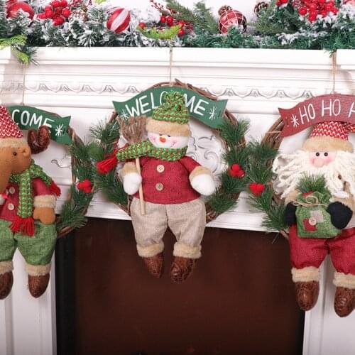 Christmas Rattan Wreath with Cute Plush Dolls Holiday Front Door Ornaments for Home Decoration