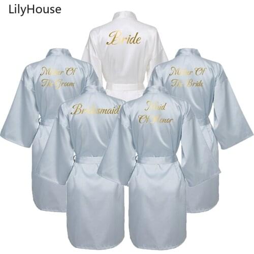 Silk Satin Robes Bridesmaid Bride Robes Bridesmaid Robes Wedding Long Robe Bathrobe Gold Print Royal Blue Robe
