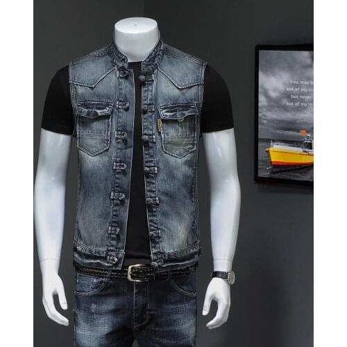 Style Mens Chinese Denim Vest Vintage Casual Slim Sleeveless Jean Jacket Retro Button Design Spring Summer Waistcaot For Men