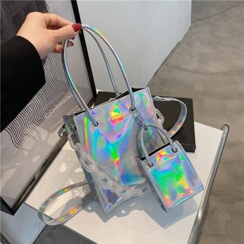 Wriufred Mother and child 2-piece tote bag laser silver new handbag female fashion shopper bag simple chain shoulder bag