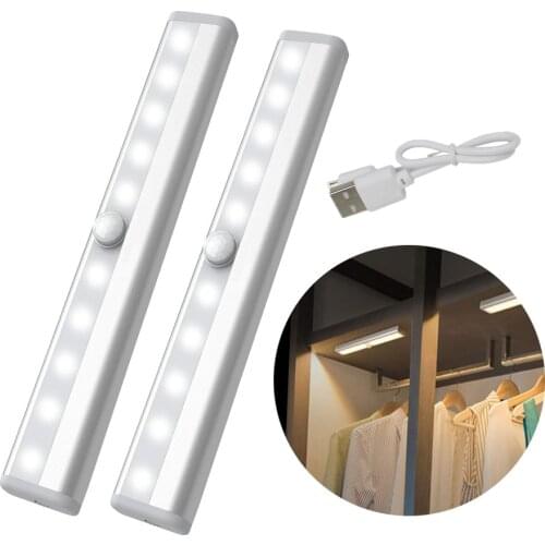 PIR Motion Sensor Under Cabinet Lights 10 LED Night Lamp USB Rechargeable or Battery Power Kitchen Light Cupboard Closet Lamp
