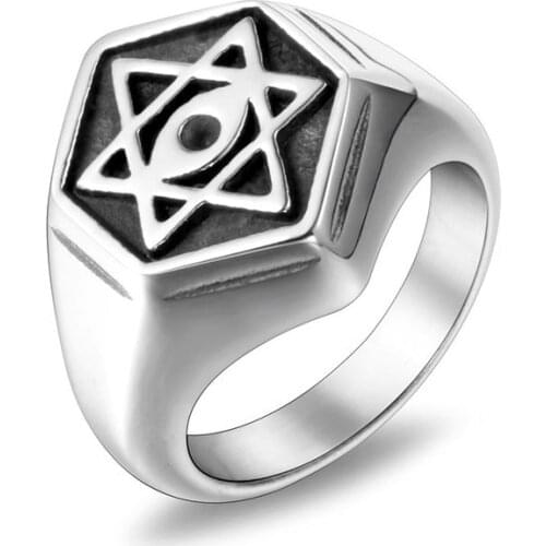Titanium 316L Stainless Steel Hexagon Punk Biker Ring Star Of David Ring For Men High Quality Polishing Never Fade Male Jewelry