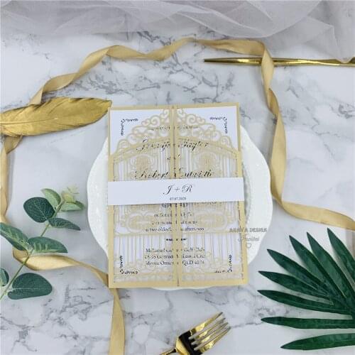 Vintage Slate Gold Intricate Laser Cut Gate-Folded Wedding Invitation Kits, Personalized Invites With Belly Band And Envelope