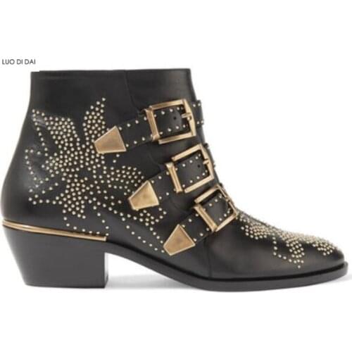 2019 fashion women beading stud boots med heel ankle boots women party shoes embroidery leather boots dress shoes buckle botas