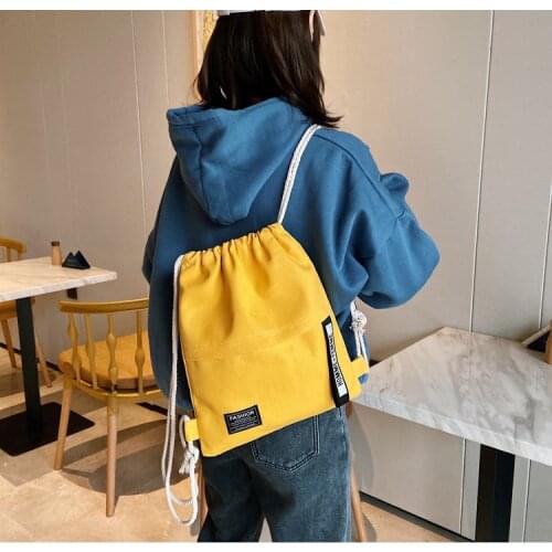 Women Solid Color Letter Pattern Drawstring Backpack Korean Simple Style Wild Canvas Outdoor Adjustable Strap Shoulder Bag