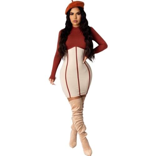 Adogirl Color Patchwork Ribbed Mini Dress Women Long Sleeve O Neck Bodycon Dress Elegant Casual Party Club Dress Female Vestido