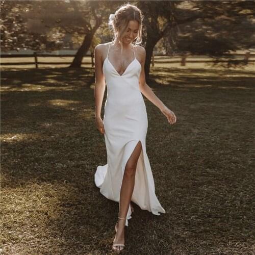 Sexy Beach Wedding Dresses Mermaid Simple Bridal Gown Spaghetti Straps Side Slit Open Back Bohemian Vestido De Noiva Sweep Train