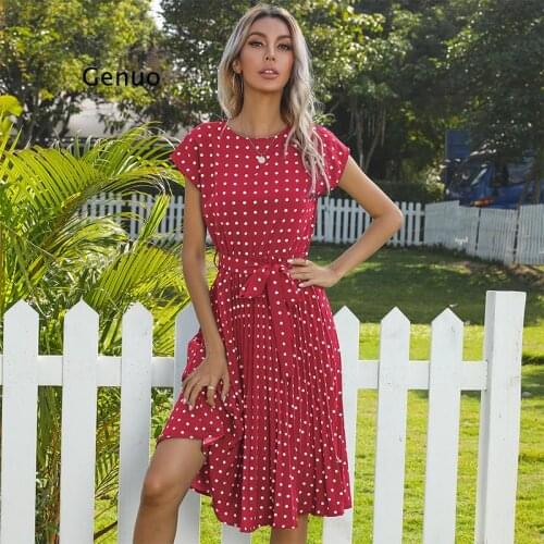 2021 Dress Womens Summer Flying Sleeves Lace-Up Polka Dot Print Knee-Length Skirt Ladies Female O-Neck Dresses