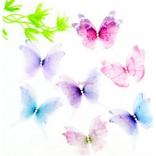 50PCS 4-layered Organza Swallowtail butterfly appliques 5.5CM Silk Butterflies w/ Pearl for Jewelry Making, Choker, Hair Clips