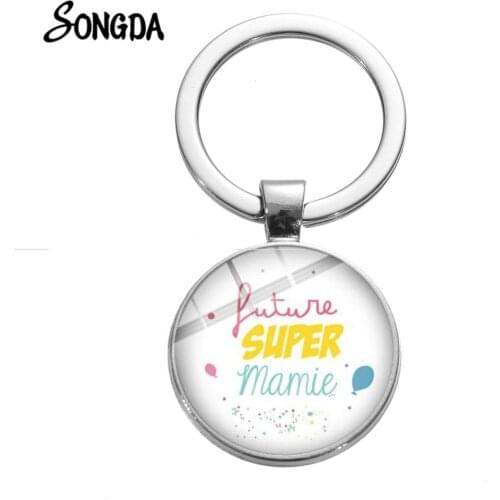Charm Super Mamie Keychain Je Suis Une Mamie Super Papy Letter Pattern Glass Metal Key Ring Grandma Grandpa Jewelry Gift