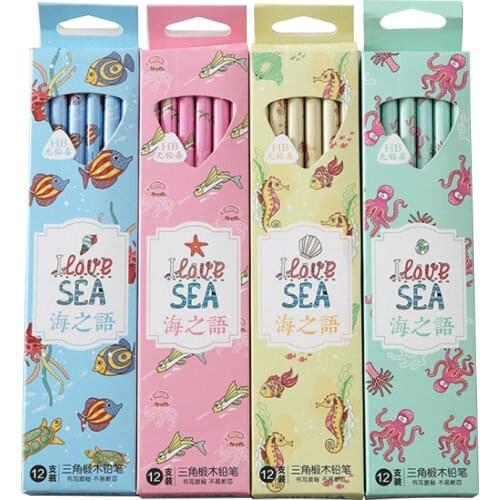 12pcs/pack Cute Sea HB Pencil Rubber Head Wood Pencil Writing Drawing wooden pencil stationery set Kid gift