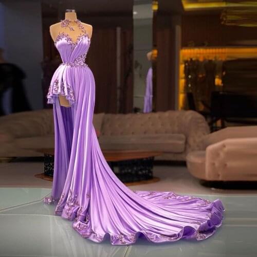 Violet Fashion Sexy Evening Dress Halter See Thru Applique Pearls Sweetheart Formal Prom Dress With Train Celebrity Dress