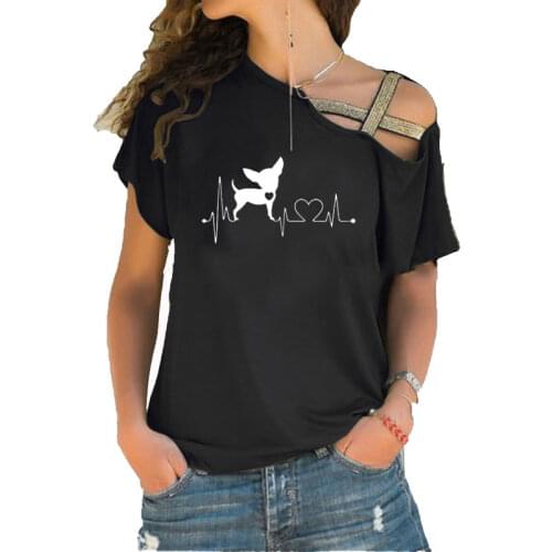 Heartbeat Chihuahua Dog Lover Girlfriend Gift T Shirt Heartbeat Paw Dogs Tshirt Women Cotton Irregular Skew Cross Bandage Tshirt