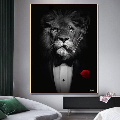 Wild Animals in a Suit Art Canvas Paintings Black Lions Smoking a Cigar Posters and Prints Wall Decoration for Living Room Gifts