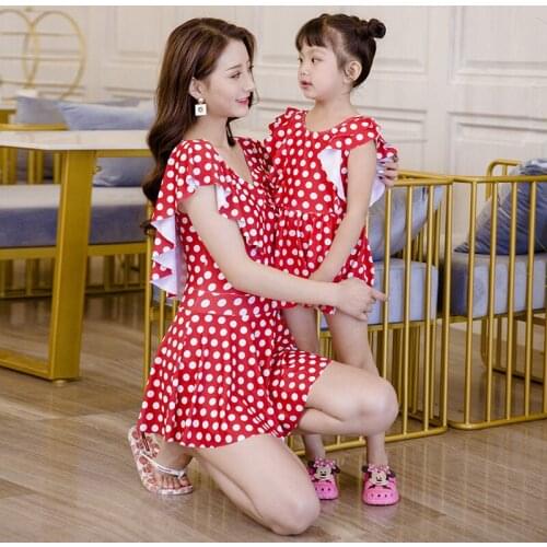 2 Colors Dot Pattern Mother Daughter Swimsuit Swimwear Lovely Ruffled Women Girls One-Piece Suits Backless Parent-Child Clothes